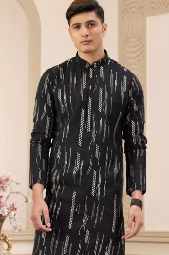 men's black computer thread work on art silk straight kurta pajama with with lining