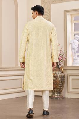men's yellow computer thread work on art silk straight kurta pajama with with lining 4