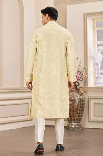 men's yellow computer thread work on art silk straight kurta pajama with with lining