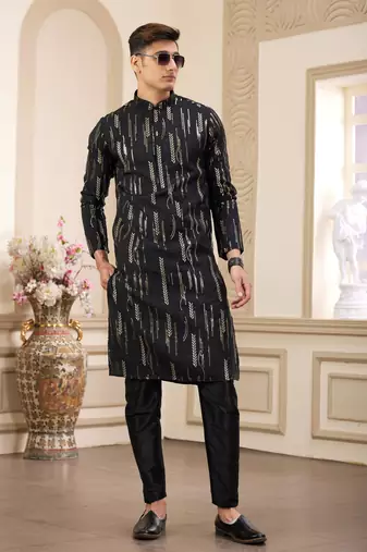 men's black computer thread work on art silk straight kurta pajama with with lining