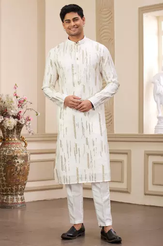 Men's cream computer thread work on art silk straight kurta with with lining