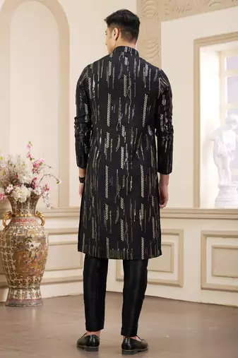 men's black computer thread work on art silk straight kurta pajama with with lining