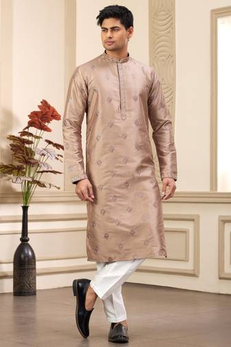 Men's brown computer thread work on art silk straight kurta with with lining
