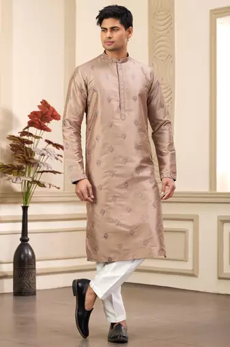 Men's brown computer thread work on art silk straight kurta with with lining