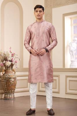 men's pink computer thread work on art silk straight kurta pajama with with lining 1