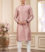 men's pink computer thread work on art silk straight kurta pajama with with lining