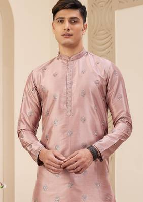 men's pink computer thread work on art silk straight kurta pajama with with lining 2