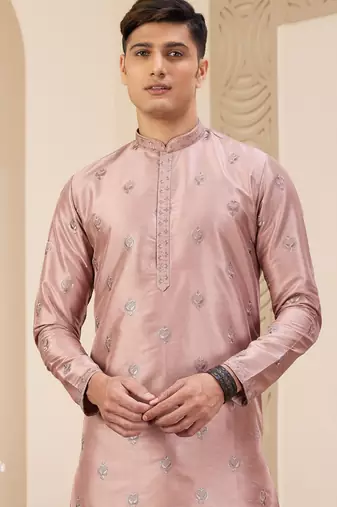 men's pink computer thread work on art silk straight kurta pajama with with lining