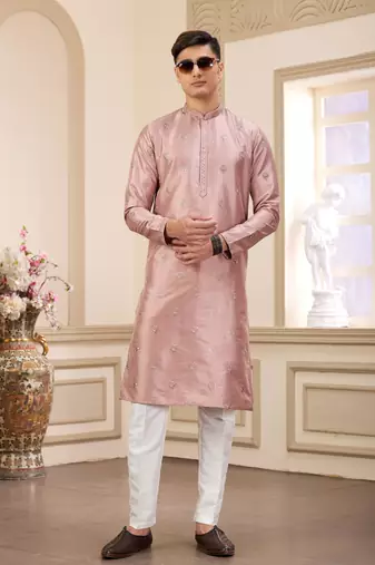men's pink computer thread work on art silk straight kurta pajama with with lining