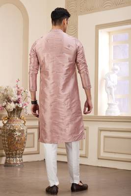 men's pink computer thread work on art silk straight kurta pajama with with lining 4