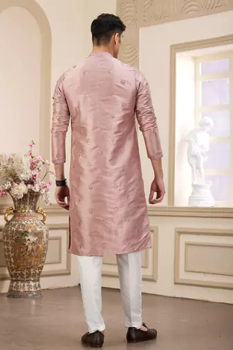 men's pink computer thread work on art silk straight kurta pajama with with lining