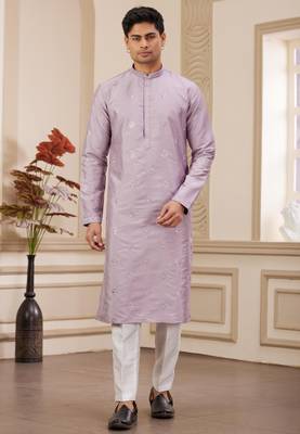 men's light purple computer thread work on art silk straight kurta pajama with with lining 1