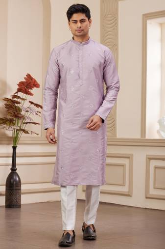 Men's light purple computer thread work on art silk straight kurta with with lining