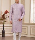 Men's light purple computer thread work on art silk straight kurta with with lining