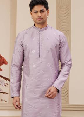 men's light purple computer thread work on art silk straight kurta pajama with with lining 2