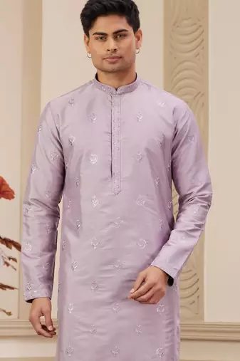 men's light purple computer thread work on art silk straight kurta pajama with with lining