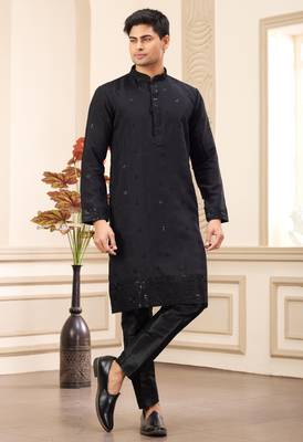men's black  straight kurta pajama with computer thread work on art silk and with lining 1