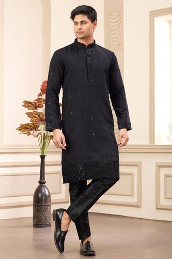 Men's black  straight kurta with computer thread work on art silk and with lining