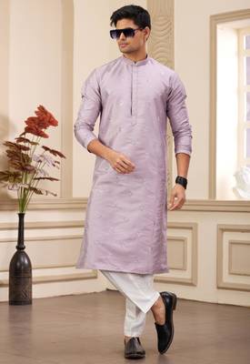 men's light purple computer thread work on art silk straight kurta pajama with with lining 3