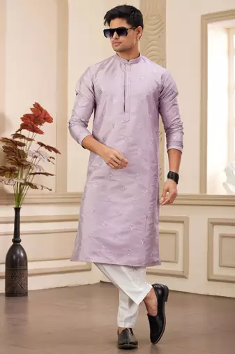 men's light purple computer thread work on art silk straight kurta pajama with with lining