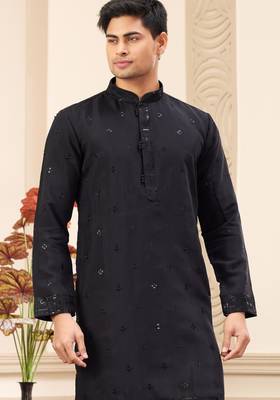 men's black  straight kurta pajama with computer thread work on art silk and with lining 2