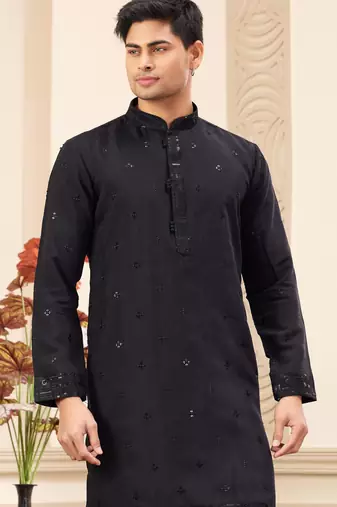 men's black  straight kurta pajama with computer thread work on art silk and with lining