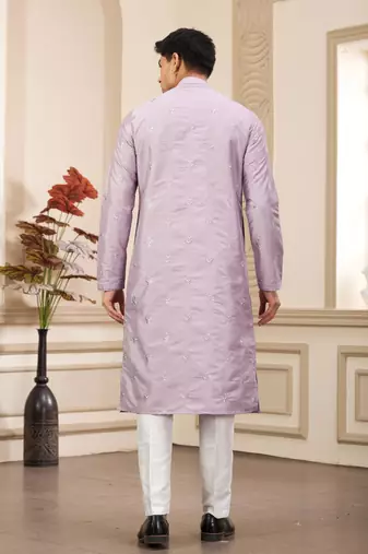 men's light purple computer thread work on art silk straight kurta pajama with with lining