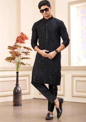 men's black  straight kurta pajama with computer thread work on art silk and with lining 3