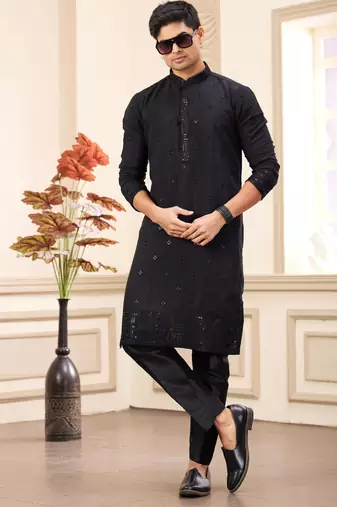 men's black  straight kurta pajama with computer thread work on art silk and with lining