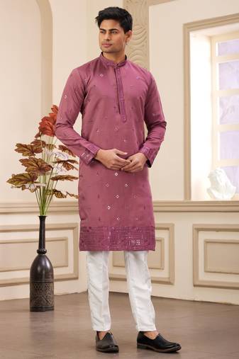 Men's maroon  straight kurta with computer thread work on art silk and with lining