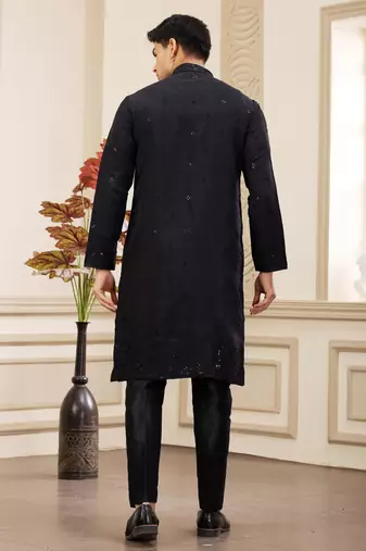 men's black  straight kurta pajama with computer thread work on art silk and with lining