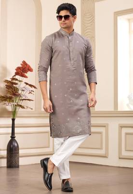 men's brown  straight kurta pajama with computer thread work on art silk and with lining 1