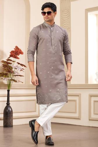 Men's brown  straight kurta with computer thread work on art silk and with lining