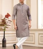 men's brown  straight kurta pajama with computer thread work on art silk and with lining