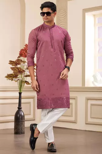 men's maroon  straight kurta pajama with computer thread work on art silk and with lining