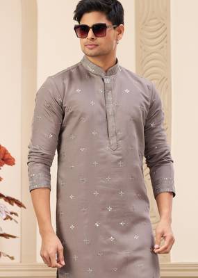 men's brown  straight kurta pajama with computer thread work on art silk and with lining 2