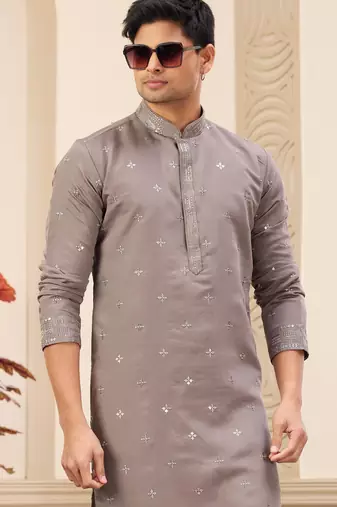 men's brown  straight kurta pajama with computer thread work on art silk and with lining