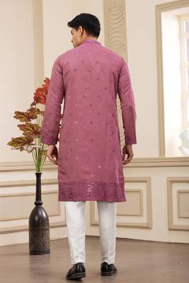 men's maroon  straight kurta pajama with computer thread work on art silk and with lining 4
