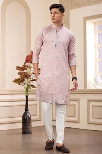 Men's onion  straight kurta with computer thread work on art silk and with lining