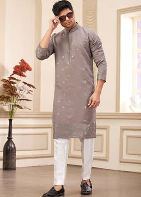 men's brown  straight kurta pajama with computer thread work on art silk and with lining 3