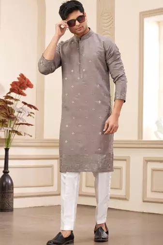 men's brown  straight kurta pajama with computer thread work on art silk and with lining