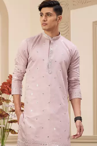 men's onion  straight kurta pajama with computer thread work on art silk and with lining