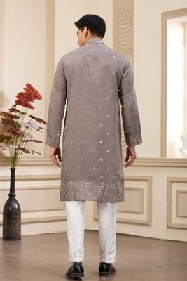 men's brown  straight kurta pajama with computer thread work on art silk and with lining 4