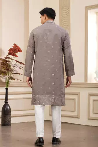 men's brown  straight kurta pajama with computer thread work on art silk and with lining