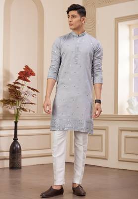 men's light gray  straight kurta pajama with computer thread work on art silk and with lining 1
