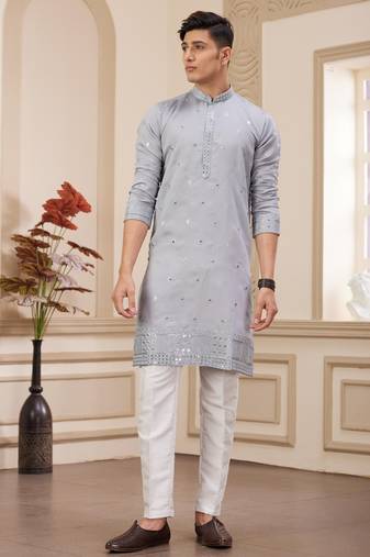 Men's light gray  straight kurta with computer thread work on art silk and with lining
