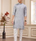 men's light gray  straight kurta pajama with computer thread work on art silk and with lining