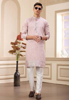 men's onion  straight kurta pajama with computer thread work on art silk and with lining 3