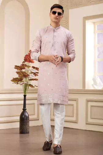 men's onion  straight kurta pajama with computer thread work on art silk and with lining