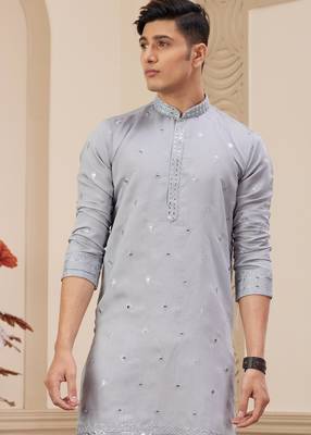 men's light gray  straight kurta pajama with computer thread work on art silk and with lining 2